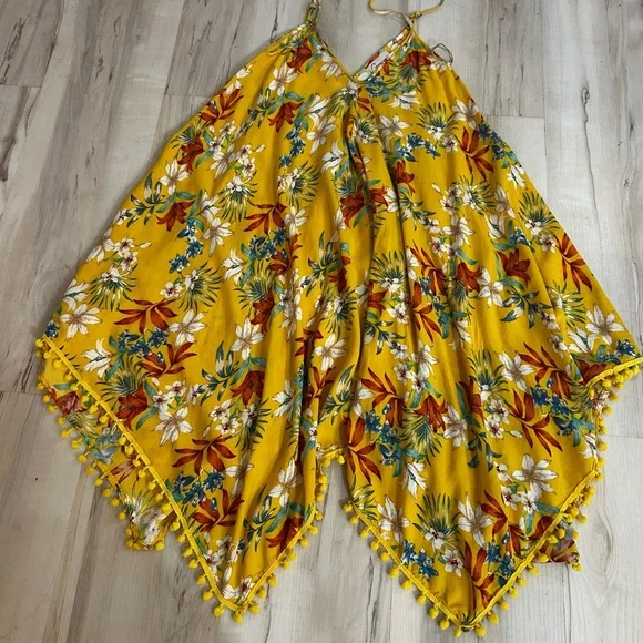 Goa Beachwear Japna Sz Large Tropical Floral Cover Up Dress Pom Pom Hem Yellow - Picture 6 of 12